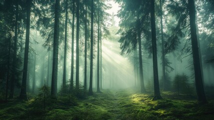 Obraz premium Sunlit Forest Path with Tall Trees and Green Ground