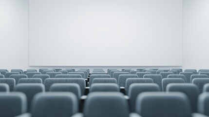 A modern auditorium with rows of gray seats facing a blank white wall, ideal for presentations and gatherings.
