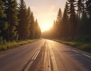 Obraz premium Panoramic sunset over race track cutting through thick forest, nature, sunset, landscape