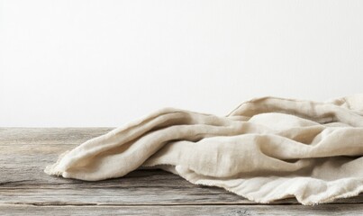 Linen Fabric Drape on Weathered Wood Table Surface with White Background