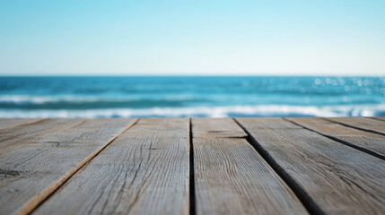 Fototapeta premium Wooden planks overlooking serene beach and ocean view