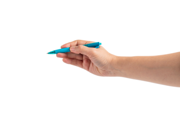 Blue pen in hand on transparent background