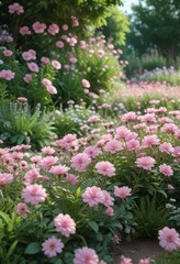 Obraz premium Pastel pink flowers blooming in a garden filled with greenery and vibrant flowers, nature, blooming flowers, garden