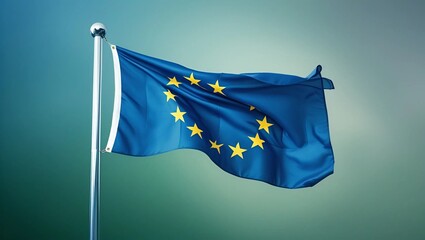 The European Union flag waves in the wind, featuring a blue background with twelve golden stars in a circle, symbolizing unity and harmony among European nations