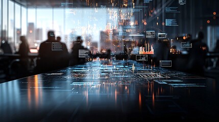 information technology management workflow, team collaborating on glowing holographic panels, vibrant corporate colors, minimalistic and clean futuristic office design,