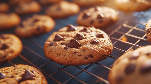 Freshly baked chocolate chip cookies cooling on wire rack, sweet and delicious, warm kitchen vibes, ultra-detailed, 4k
