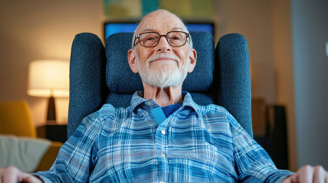 Senior man sitting comfortably in recliner, smiling warmly in cozy living room. atmosphere is relaxed and inviting, perfect for enjoying leisure time
