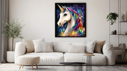 colorful unicorn poster in modern living room decor
