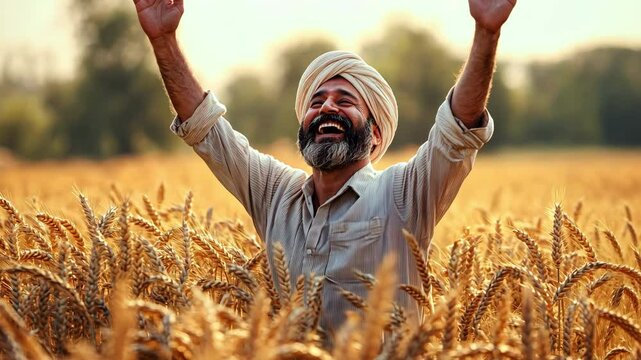 Indian rural farmer contentedly working in the field of wheat crop agriculture, Indian agricultural idea