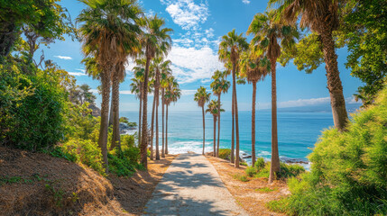 Obraz premium Scenic coastal path lined with palm trees and ocean view