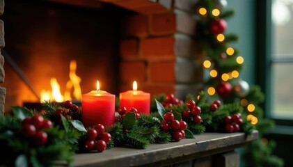 Candles surround mantel adorned with holly and mistletoe, holly, evergreen