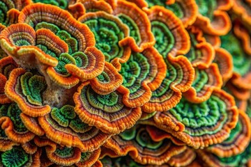 Fototapeta premium Vibrant Multicolored Fungi Cluster Detailed Macro Photography of an Intricate Natural Formation