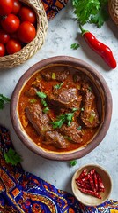 Bowl of a traditional Nigerian beef stew with rich tomato sauce, served on a table decorated with ethnic patterned cloth, peppers and basket of tomatoes.