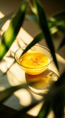 A glowing saffron-infused broth in a glass bowl shot through green leaves with a lot of sun reflections and shadows