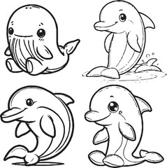 Adorable Cartoon Dolphin Silhouettes - Black and White Illustrations