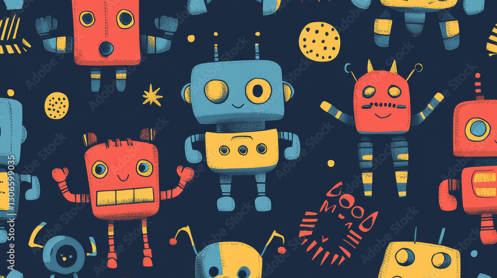 Poster playful robots in colorful seamless pattern design