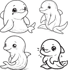 Charming Cartoon Dolphin Silhouettes - Black and White Illustrations