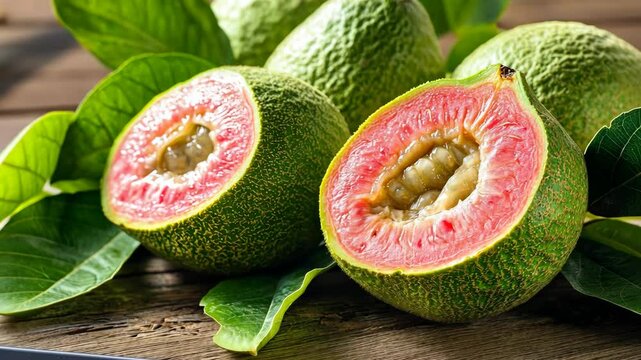 Discovering the vibrant characteristics of fresh guava fruit on a rustic wooden surface in a natural setting