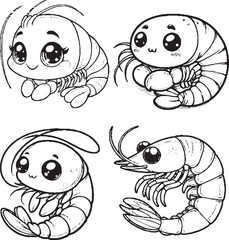 Charming Cartoon Shrimp Silhouettes - Black and White Illustrations