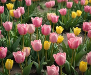 Naklejka premium Pink and yellow tulips with green foliage creating a whimsical and lively design, decorative, vibrant colors, festive, textile, handcrafted