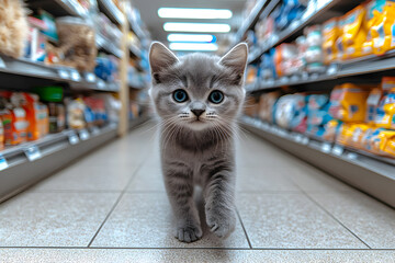 A cute cat walking on pet shop background	

