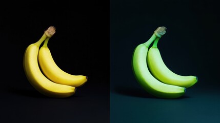 A side-by-side comparison of unripe and ripe bananas, showing color transformation