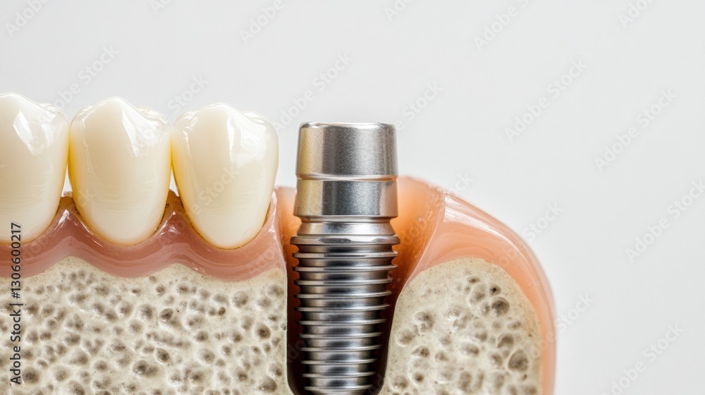 Poster high quality dental implant showcasing metal texture details with a smooth white background and text