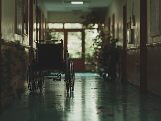Obraz premium A healthcare setting features a corridor lined with wheelchairs