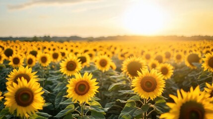 Obraz premium A Vibrant Field Of Golden Yellow Sunflowers At Sunset