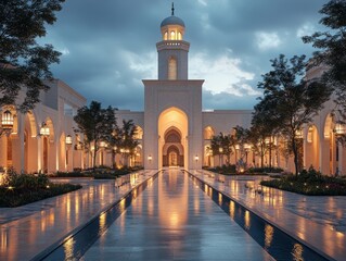 Naklejka premium Majestic Mosque Illumination: A Tranquil Ramadan Evening Scene with Reflective Waterways and a Serene Sky, Evoking Peace and Spirituality.