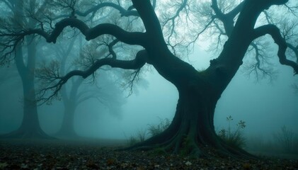 Fog rolling through the twisted branches of a tree, misty woods, creepy, foliage