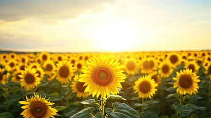 Fototapeta premium Many sunflowers facing toward the warm golden sunset sky