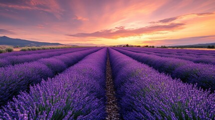 Beautiful field of purple lavender plants bathed in evening light