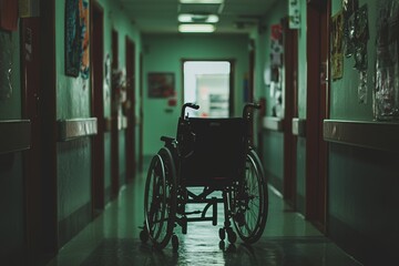 Obraz premium Soft blue lighting in a modern hallway shines down on an empty wheelchair, embodying the principles of accessibility, mobility, and healthcare accessibility in public venues
