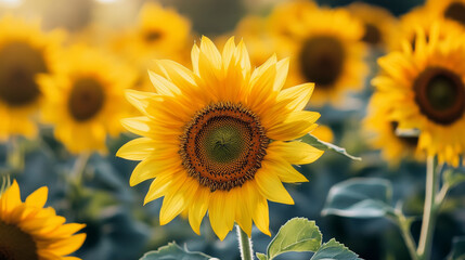 Bright sunflowers blooming summer field, capturing nature beauty