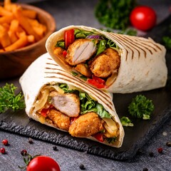  Fried spicy chicken wrap food tortilla burrito