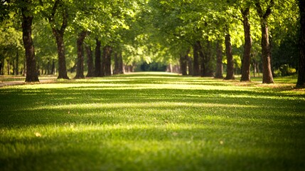 Sunlit Park Pathway with Lush Green Grass and Trees