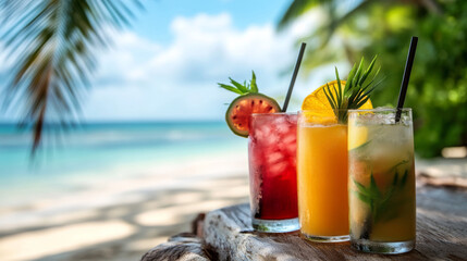 Obraz premium Tropical drinks on beach table with vibrant colors and sunshine