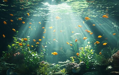 Naklejka premium Sunbeams illuminate a vibrant underwater scene. Orange fish swim amidst lush aquatic plants and coral. Serene and peaceful underwater world.