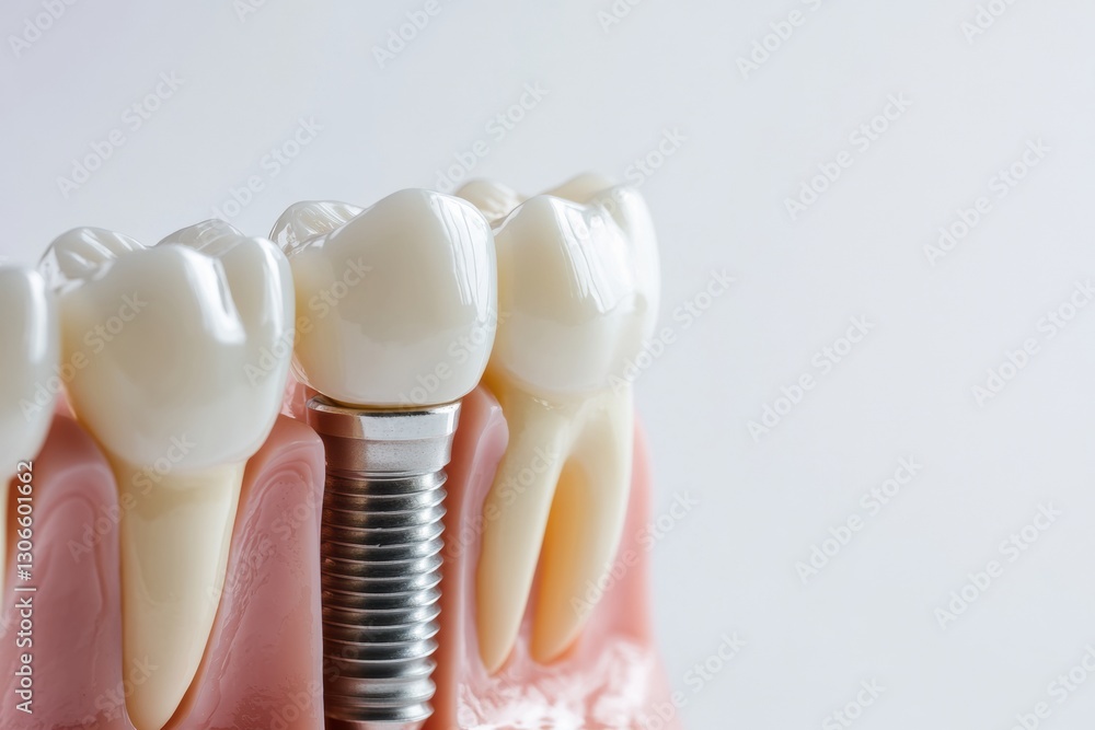 Poster quality dental implant showcasing metal texture and design details on a smooth white surface with sp