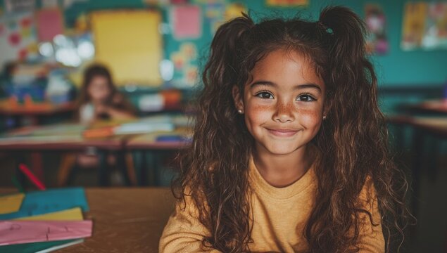 A girl with a disability, seated in a wheelchair, is shown in a typical school classroom surrounded by desks and educational facilities