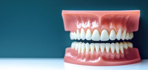 Obraz premium A detailed dental model showcasing a set of human teeth. Orthodontic treatment with braces enhances both dental aesthetics and function, providing a confident smile and improved gum health