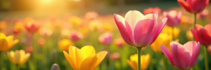 Fototapeta premium Petals in shades of pink and yellow unfurl in the warm morning light among wildflowers, flower fields, colorful flowers, sunny meadow
