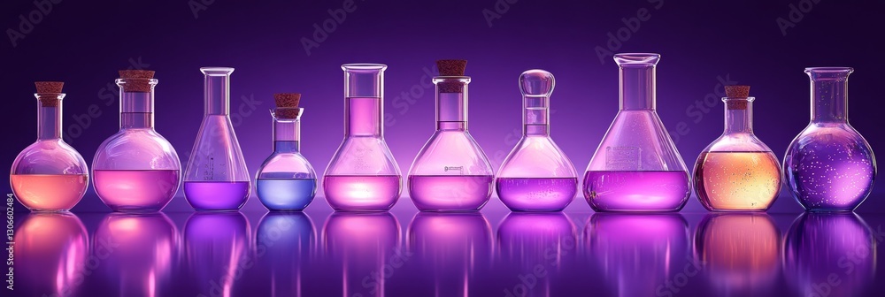 Poster colorful laboratory solutions in flasks and beakers on a reflective surface with copy space