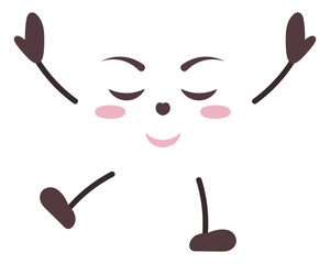 Face with thoughtful emotions. Dreamy smile on face, eyes closed, hands up, legs dancing. Color vector illustration. Isolated white background. Sleeping grimace. Idea for web design.