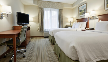 Cozy hotel room with twin beds and natural light, comfort and relaxation