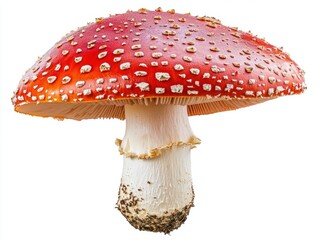 Obraz premium Bright red mushroom with white spots found in forest setting