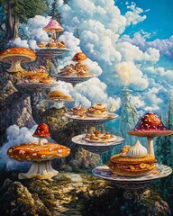 Whimsical fantasy landscape featuring giant mushrooms, floating platforms, and delectable pastries.  Surreal art, dreamlike scenery.