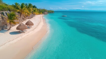 Naklejka premium Breathtaking tropical beach with white sand and turquoise waters under a clear blue sky