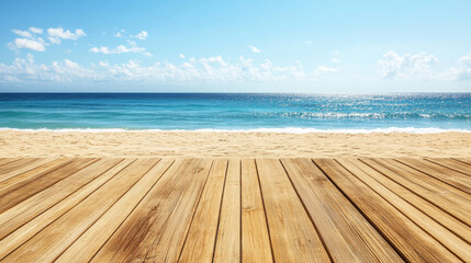 Fototapeta premium Wooden floor on sandy beach with ocean view and blue sky